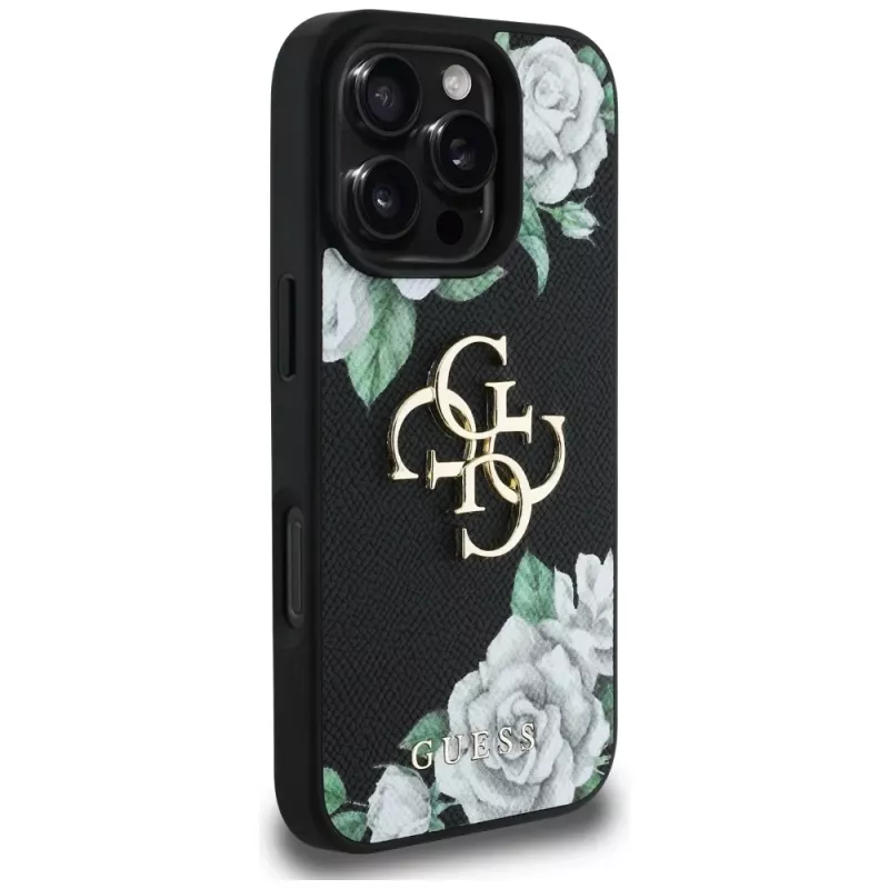 Guess Grained Roses Big 4G Logo Case für iPhone 16 Pro Max, Schwarz