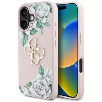 Guess Grained Roses Big 4G Logo Case für Apple iPhone 16 - Pink
