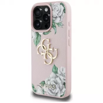Guess Grained Roses Big 4G Logo Case für Apple iPhone 16 Pro, Pink