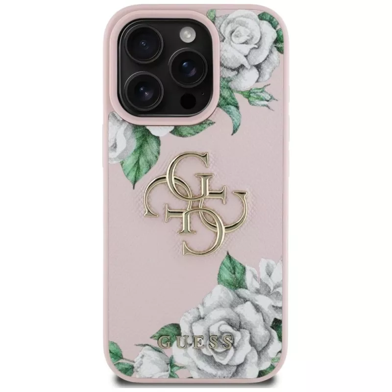 Guess Grained Roses Big 4G Logo Case für Apple iPhone 16 Pro, Pink