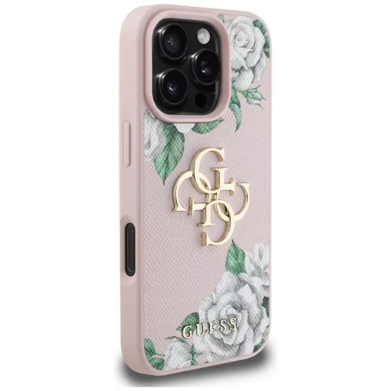Guess Grained Roses Big 4G Logo Case für Apple iPhone 16 Pro, Pink