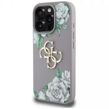 Guess Grained Roses Big 4G Logo Back Cover für Apple iPhone 16 Pro - Lila