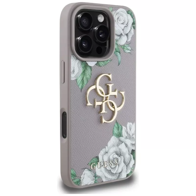 Guess Grained Roses Big 4G Logo Back Cover für Apple iPhone 16 Pro - Lila