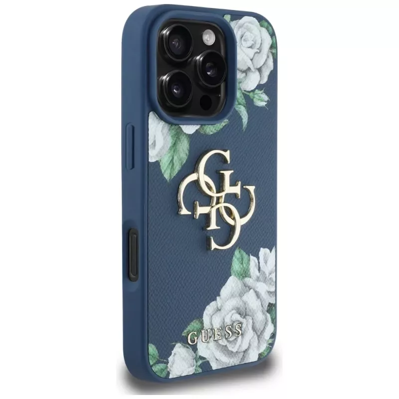 Guess Grained Roses Big 4G Logo Back Cover Case für Apple iPhone 16 Pro - Blau