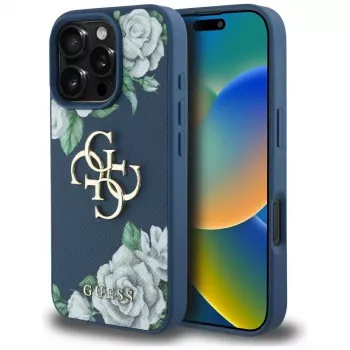 Guess Grained Roses Big 4G Logo Handyhülle für iPhone 16 Pro Max, Blau