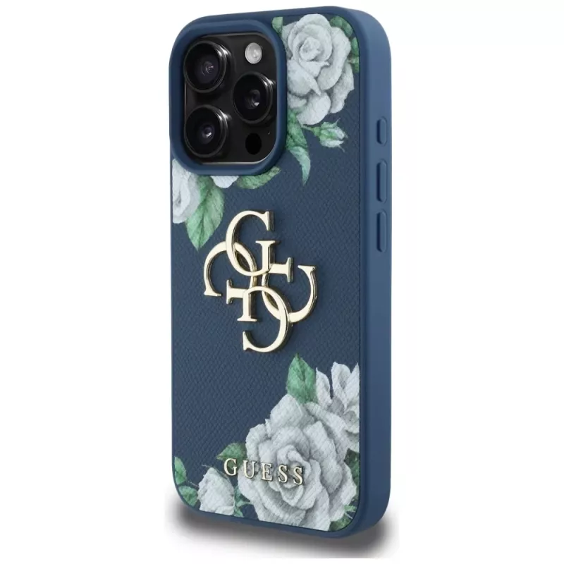Guess Grained Roses Big 4G Logo Handyhülle für iPhone 16 Pro Max, Blau