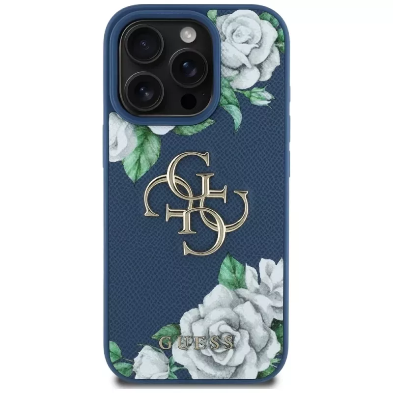 Guess Grained Roses Big 4G Logo Handyhülle für iPhone 16 Pro Max, Blau