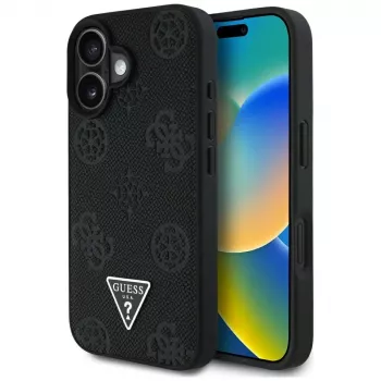 Guess Grained Hot Stamp Peony Triangle Logo MagSafe Case für iPhone 16 (Schwarz)