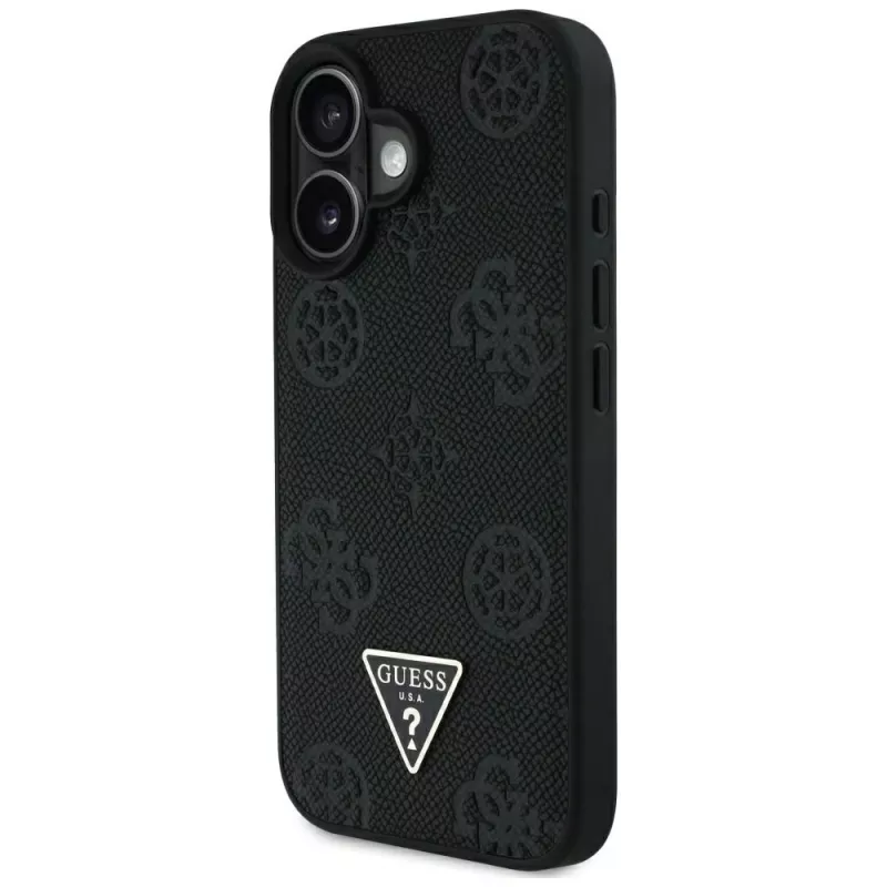 Guess Grained Hot Stamp Peony Triangle Logo MagSafe Case für iPhone 16 (Schwarz)