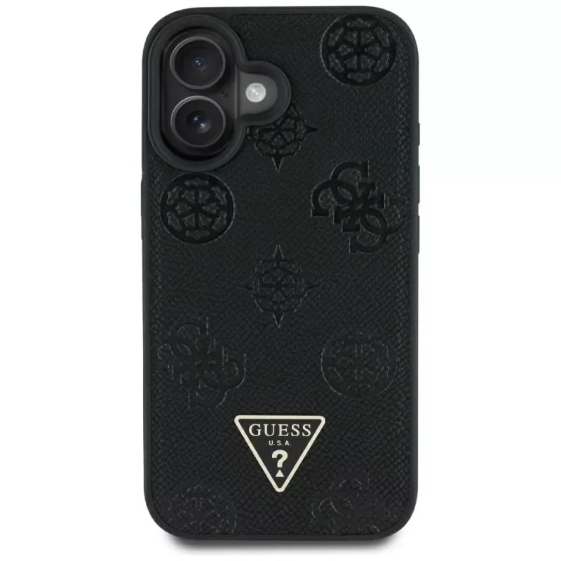 Guess Grained Hot Stamp Peony Triangle Logo MagSafe Case für iPhone 16 (Schwarz)