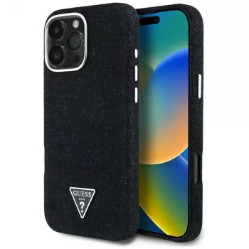 Guess Denim Triangle Logo MagSafe Case für Apple iPhone 16 Pro, Schwarz