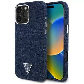 Guess Denim Triangle Logo MagSafe Case für iPhone 16 Pro Blau