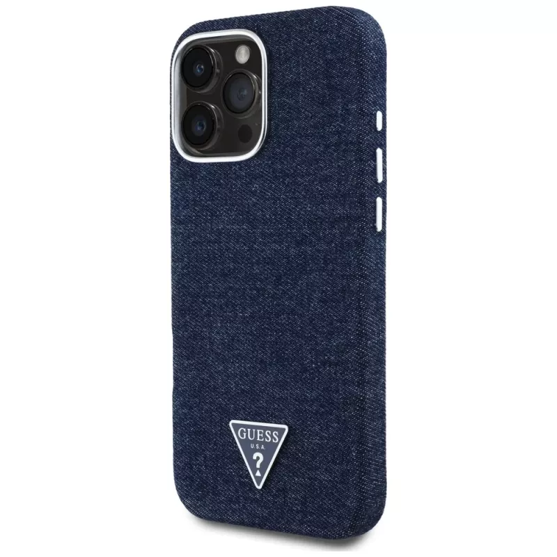 Guess Denim Triangle Logo MagSafe Case für Apple iPhone 16 Pro Max Blau