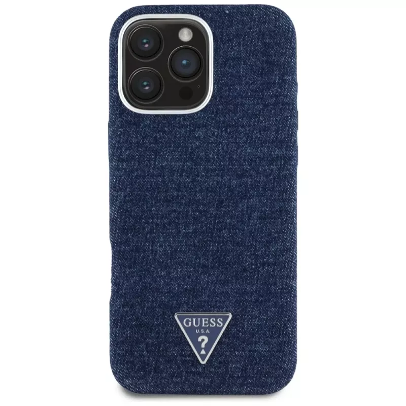 Guess Denim Triangle Logo MagSafe Case für Apple iPhone 16 Pro Max Blau