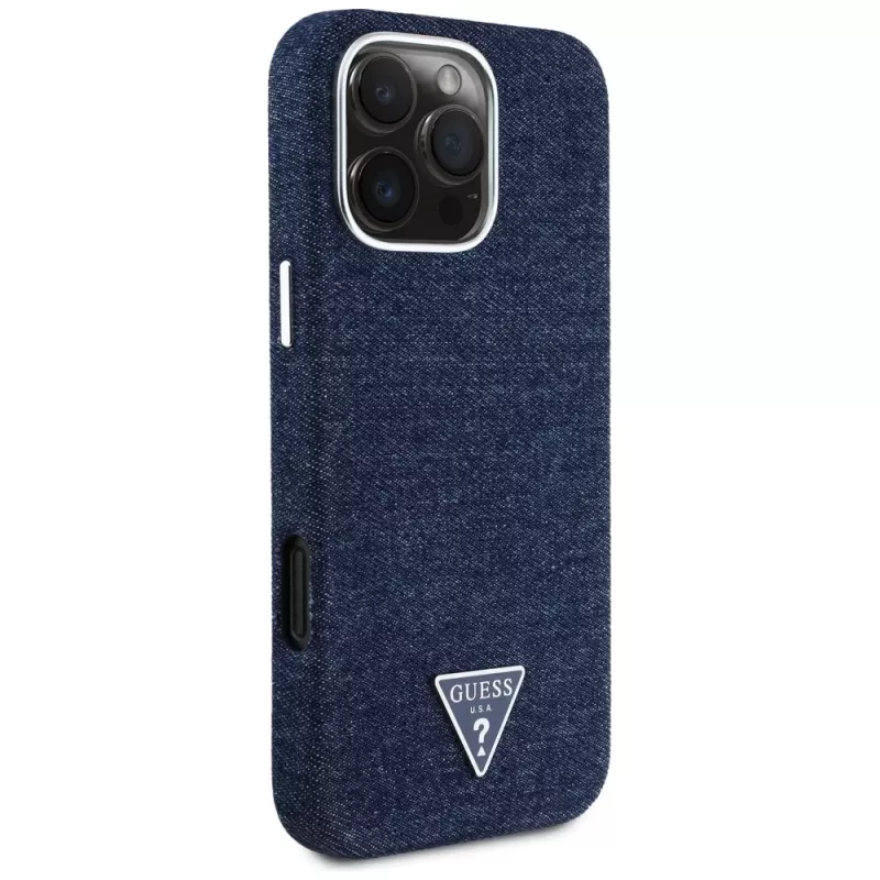 Guess Denim Triangle Logo MagSafe Case für Apple iPhone 16 Pro Max Blau