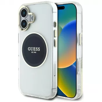 Guess IML Metal Colored Circle Classic Logo MagSafe Case für iPhone 16 (Schwarz)