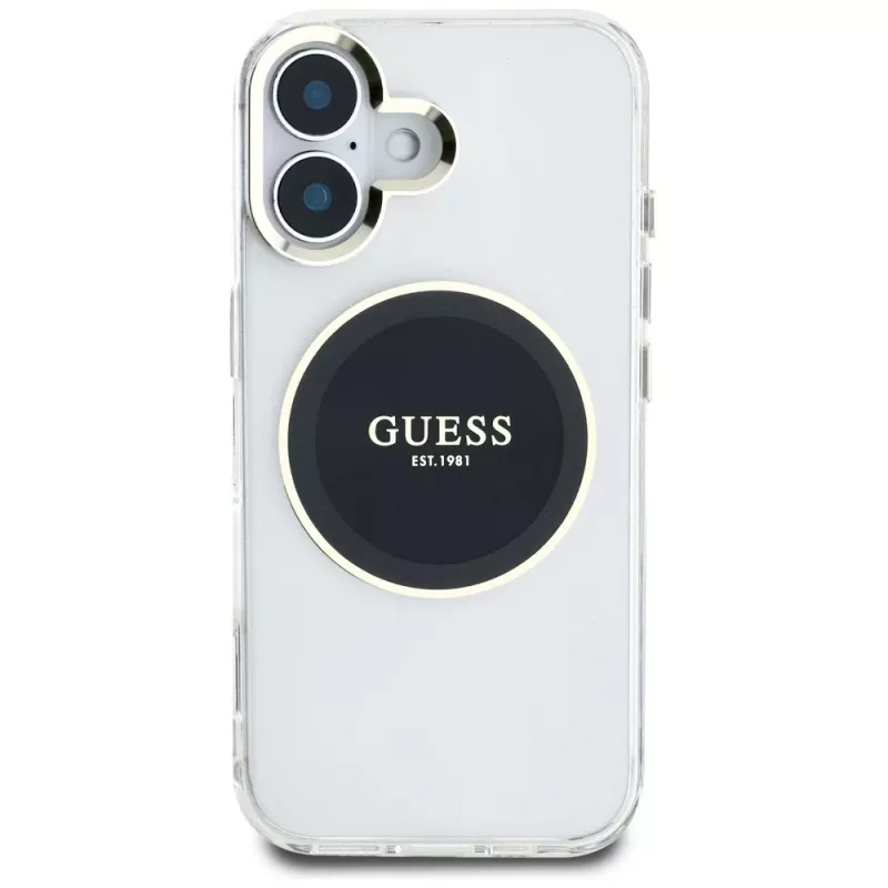 Guess IML Metal Colored Circle Classic Logo MagSafe Case für iPhone 16 (Schwarz)