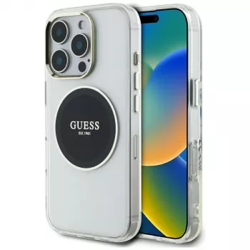 Guess IML Metal Colored Circle Classic Logo MagSafe Case für iPhone 16 Pro (Schwarz)
