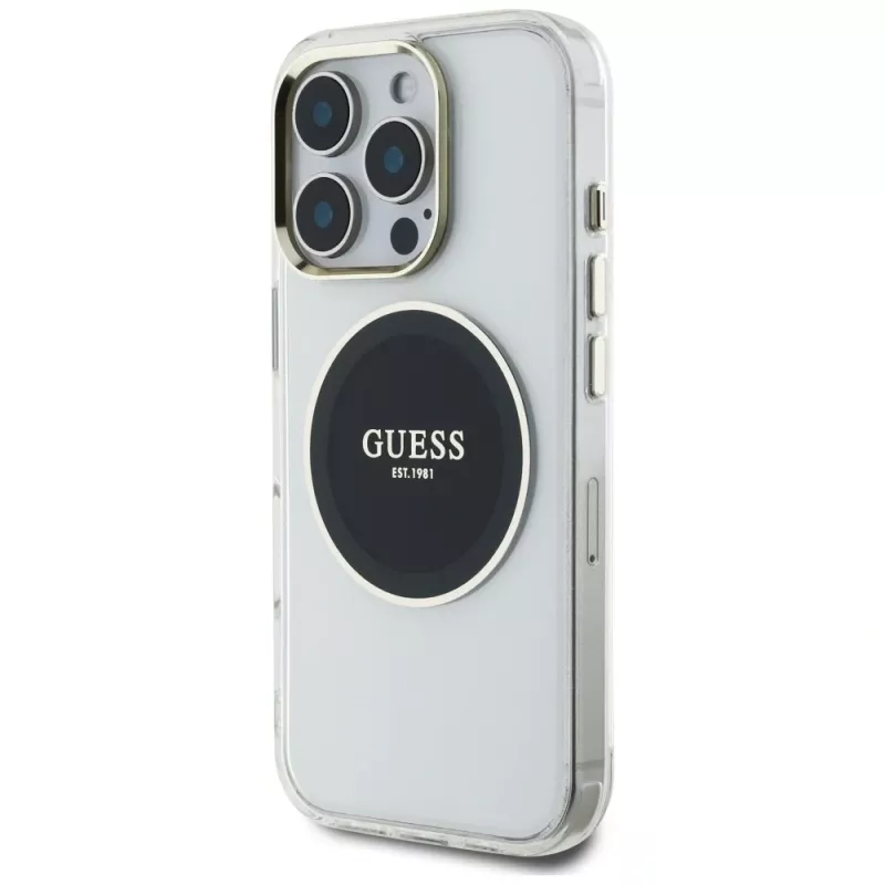 Guess IML Metal Colored Circle Classic Logo MagSafe Case für iPhone 16 Pro (Schwarz)