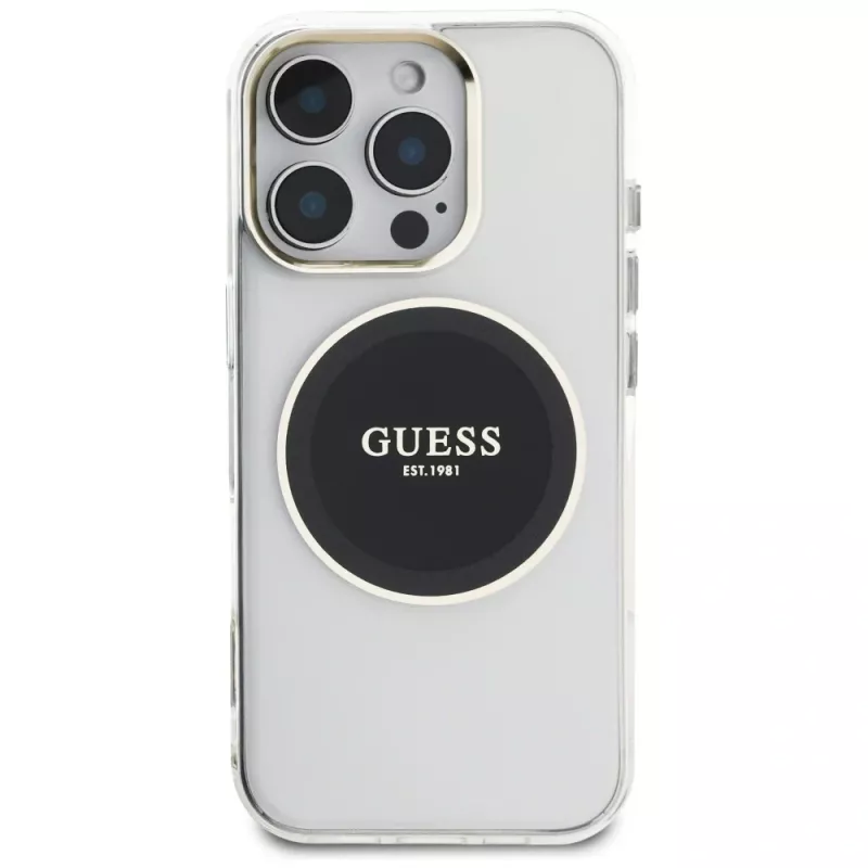 Guess IML Metal Colored Circle Classic Logo MagSafe Case für iPhone 16 Pro (Schwarz)