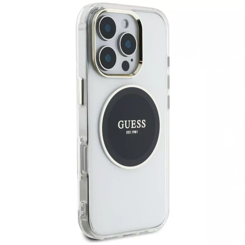 Guess IML Metal Colored Circle Classic Logo MagSafe Case für iPhone 16 Pro (Schwarz)