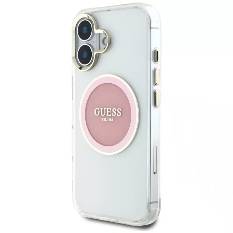 Guess IML Metal Colored Circle Classic Logo MagSafe Case für iPhone 16 (Pink)
