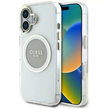 Guess IML Metal Colored Circle Classic Logo MagSafe Case für iPhone 16 (Grau)
