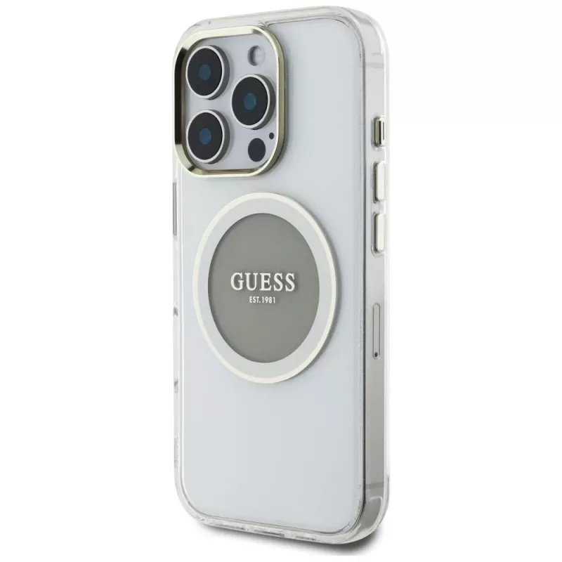 Guess IML Metal Colored Circle Classic Logo MagSafe Case für iPhone 16 Pro (Grau)