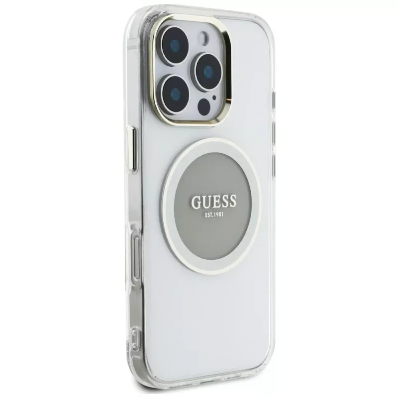 Guess IML Metal Colored Circle Classic Logo MagSafe Case für iPhone 16 Pro (Grau)