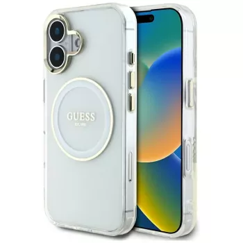 Guess IML Metal Colored Circle Classic Logo MagSafe Case für iPhone 16 (Weiß)
