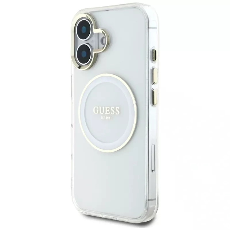 Guess IML Metal Colored Circle Classic Logo MagSafe Case für iPhone 16 (Weiß)