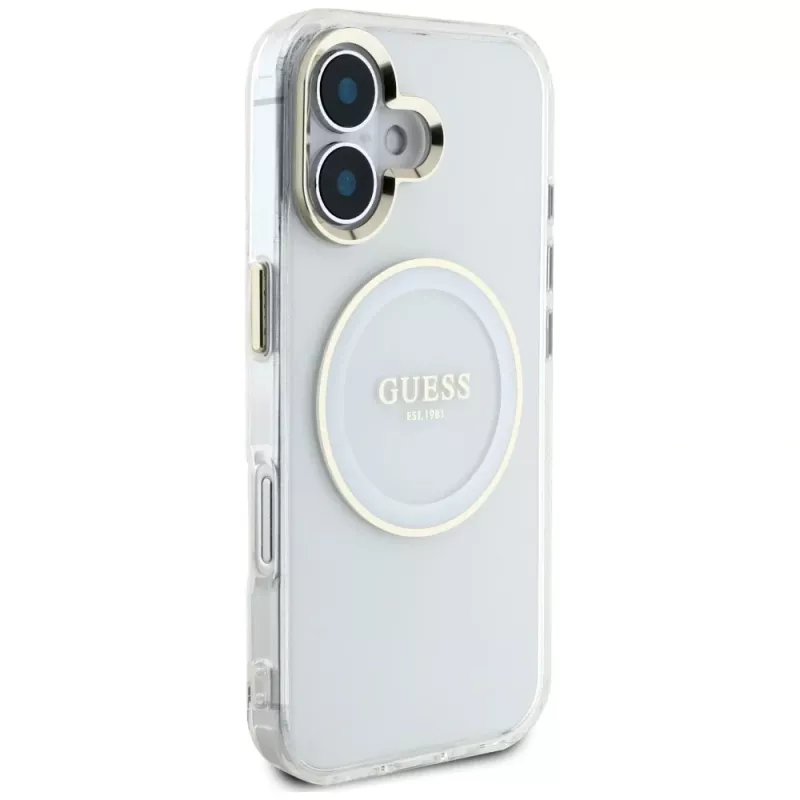 Guess IML Metal Colored Circle Classic Logo MagSafe Case für iPhone 16 (Weiß)