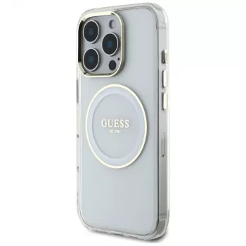 Guess IML Metal Colored Circle Classic Logo MagSafe Case für iPhone 16 Pro (Weiß)