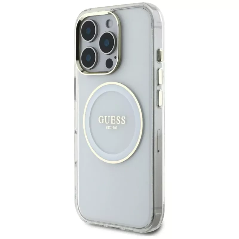Guess IML Metal Colored Circle Classic Logo MagSafe Case für iPhone 16 Pro (Weiß)