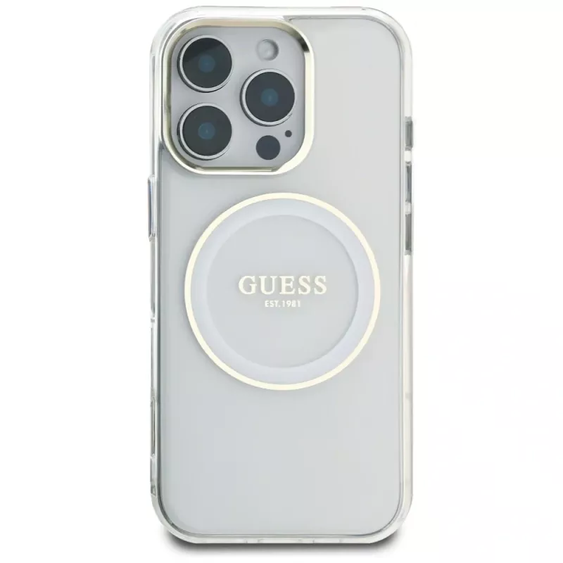 Guess IML Metal Colored Circle Classic Logo MagSafe Case für iPhone 16 Pro (Weiß)