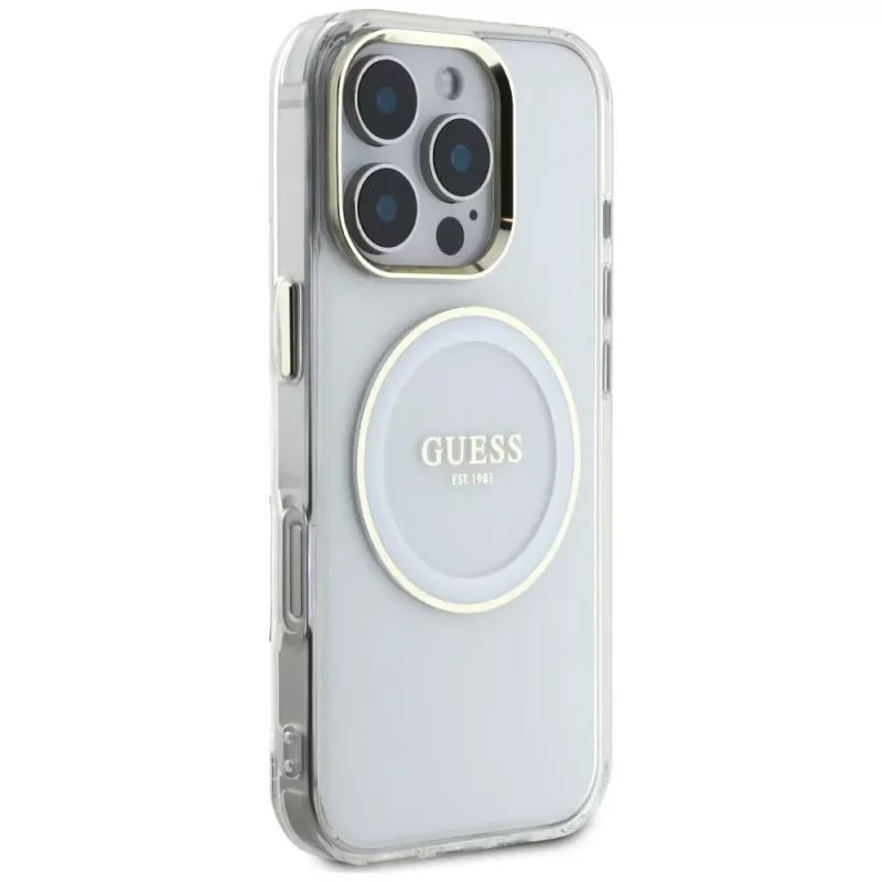 Guess IML Metal Colored Circle Classic Logo MagSafe Case für iPhone 16 Pro (Weiß)