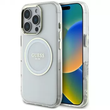 Guess IML Metal Colored Circle Classic Logo MagSafe Case für iPhone 16 Pro Max (Weiß)