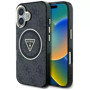Guess IML Metal Glitter 4G Circle Triangle MagSafe Case für Apple iPhone 16 (Schwarz)