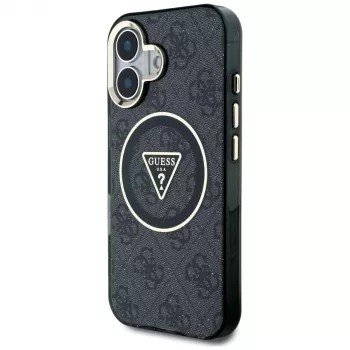 Guess IML Metal Glitter 4G Circle Triangle MagSafe Case für Apple iPhone 16 (Schwarz)