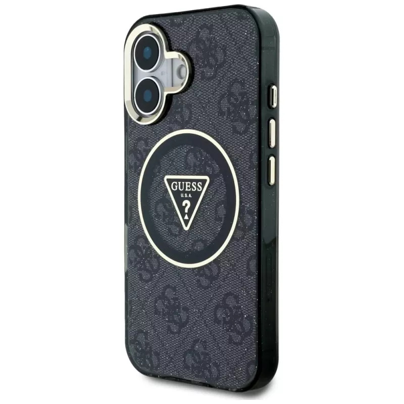 Guess IML Metal Glitter 4G Circle Triangle MagSafe Case für Apple iPhone 16 (Schwarz)