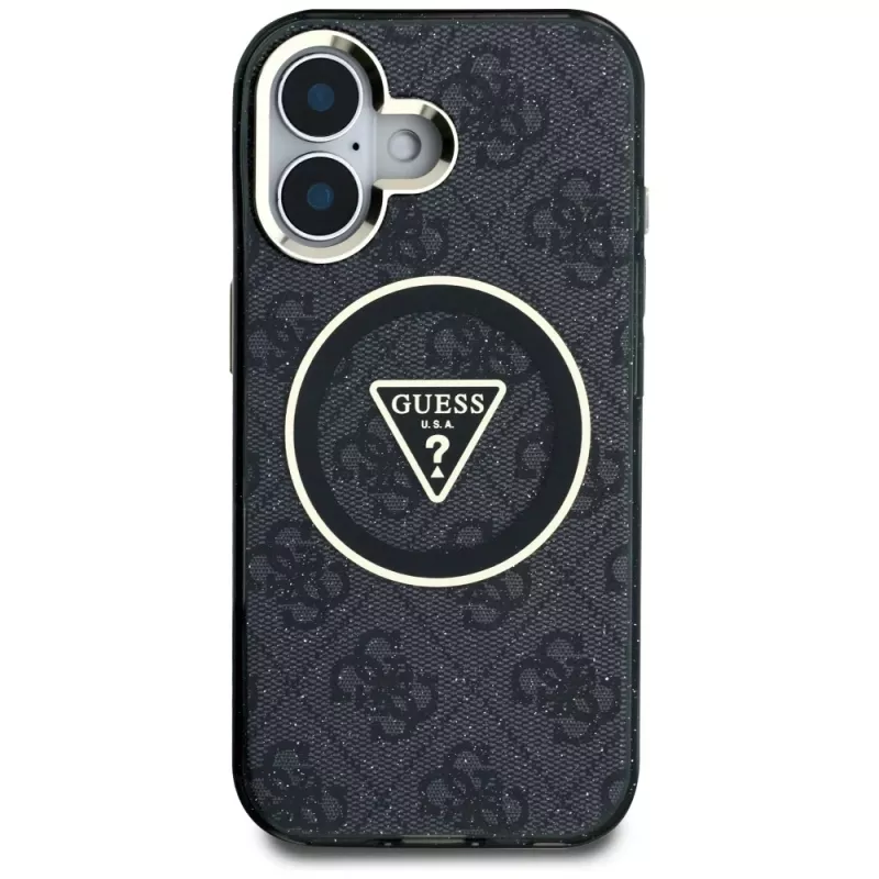 Guess IML Metal Glitter 4G Circle Triangle MagSafe Case für Apple iPhone 16 (Schwarz)