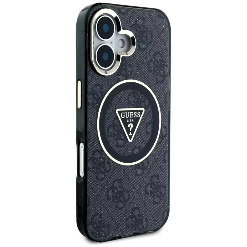 Guess IML Metal Glitter 4G Circle Triangle MagSafe Case für Apple iPhone 16 (Schwarz)