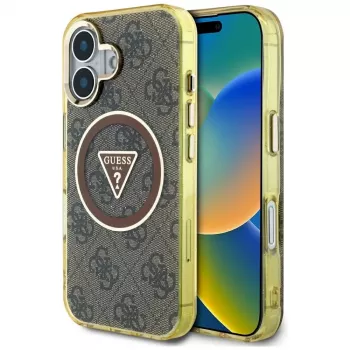 Guess IML Metal Glitter 4G Circle Triangle MagSafe Case für iPhone 16 (Braun)