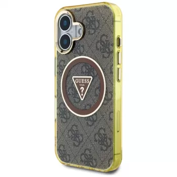 Guess IML Metal Glitter 4G Circle Triangle MagSafe Case für iPhone 16 (Braun)