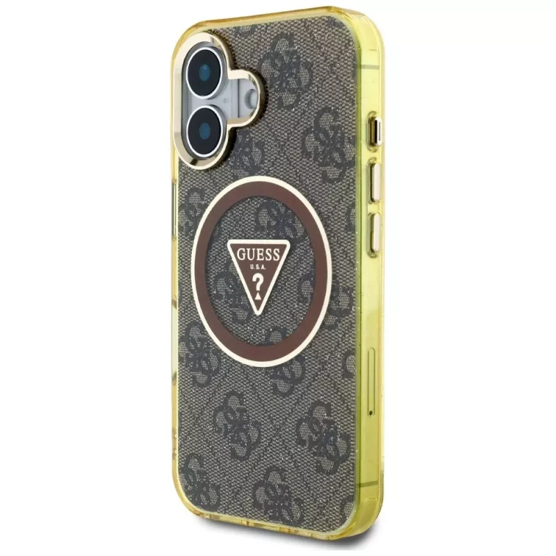 Guess IML Metal Glitter 4G Circle Triangle MagSafe Case für iPhone 16 (Braun)