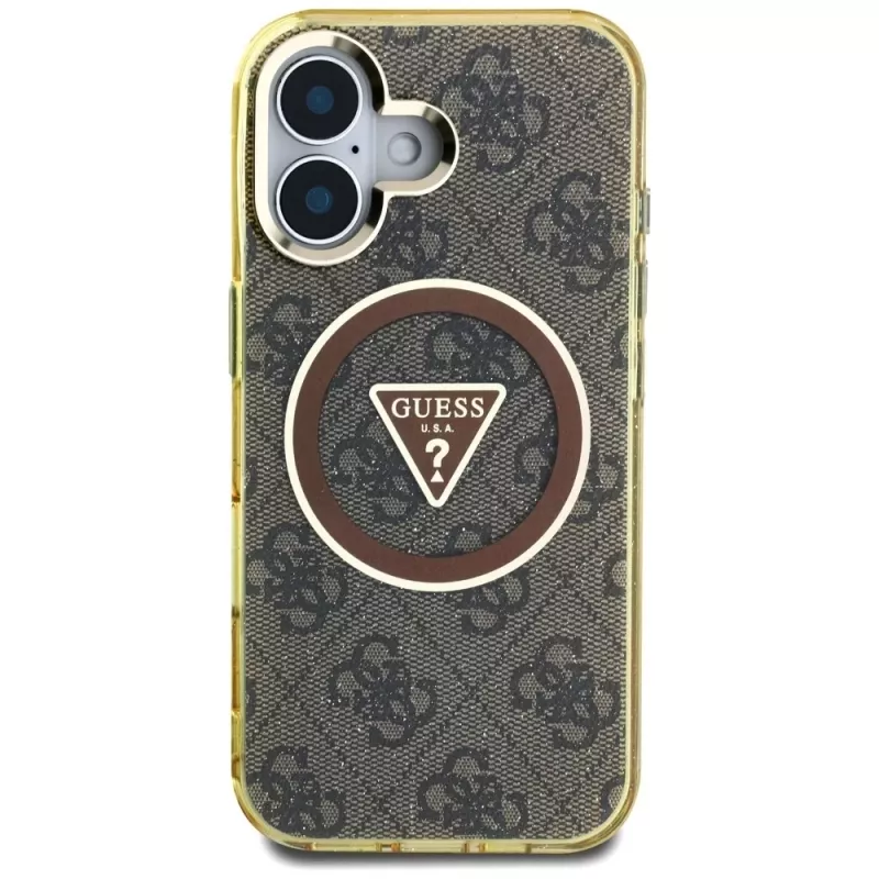 Guess IML Metal Glitter 4G Circle Triangle MagSafe Case für iPhone 16 (Braun)