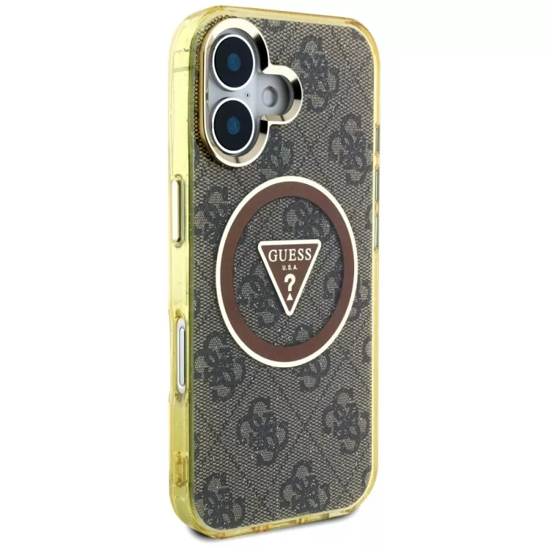 Guess IML Metal Glitter 4G Circle Triangle MagSafe Case für iPhone 16 (Braun)