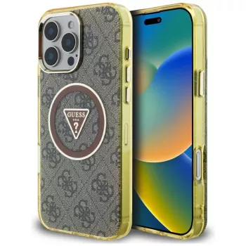Guess IML Metal Glitter 4G Circle Triangle MagSafe Case für iPhone 16 Pro (Braun)