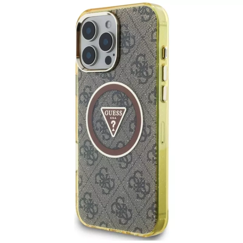 Guess IML Metal Glitter 4G Circle Triangle MagSafe Case für iPhone 16 Pro (Braun)