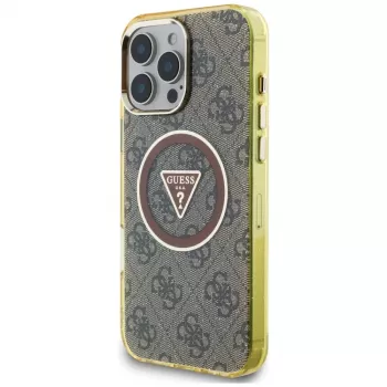 Guess IML Metal Glitter 4G Circle Triangle MagSafe Case für iPhone 16 Pro Max (Braun)
